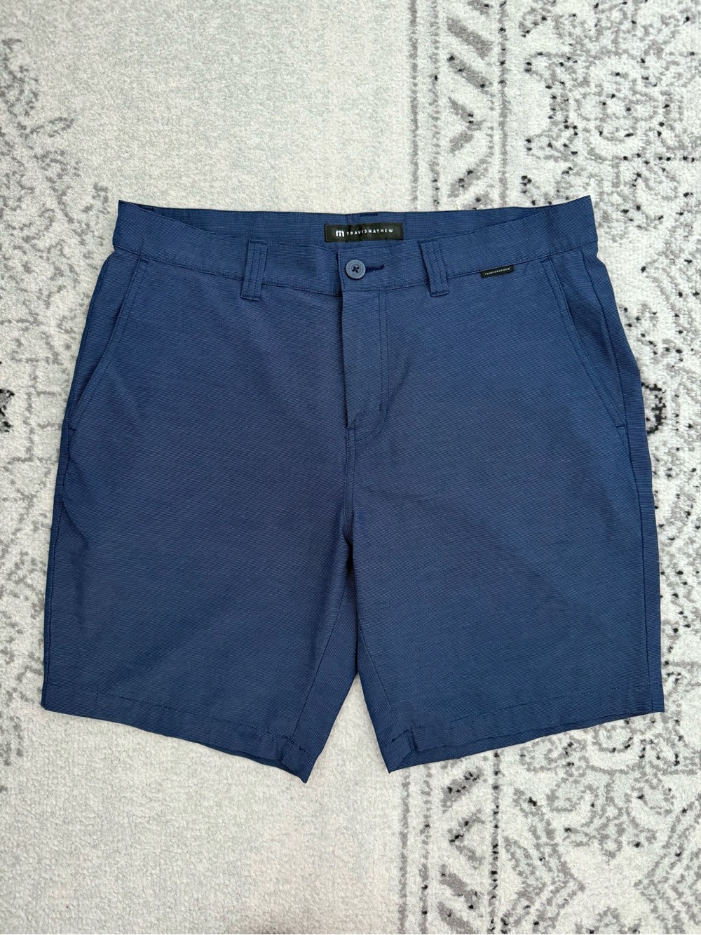 Travis Mathew Blue Striped Performance Flat Front Chino Golf Shorts